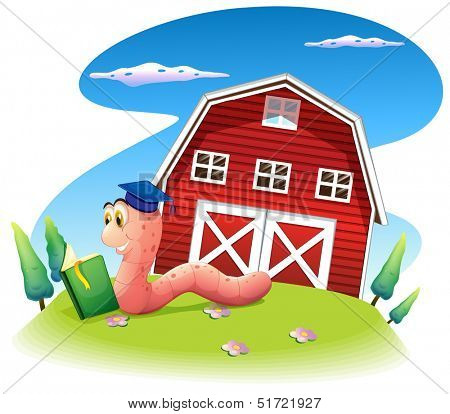 Illustration of a worm reading at the hill with a barnhouse on a white background