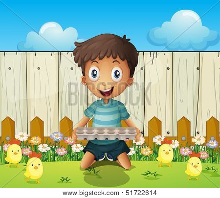 Illustration of a boy with an empty egg tray and the little chicks