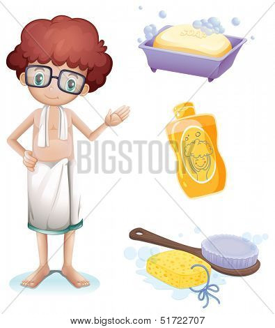 Illustration of a boy with a soap, shampoo, brush and sponge on a white background