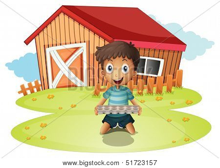 Illustration of a boy holding an egg tray on a white background