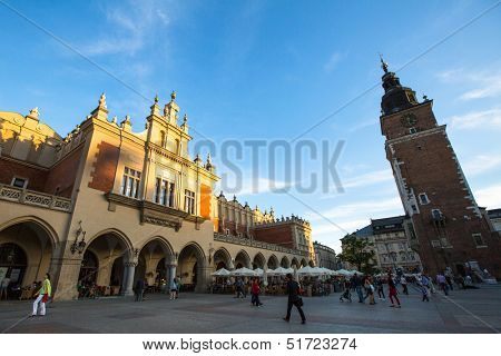 KRAKOW, POLAND - SEP 28: View of Main Market Square (Rynek) with the Renaissance Drapers' Hall (Sukiennice), Sep 28, 2013 in Krakow, Poland. Square dates to the 13th century, and at roughly 40,000 m.