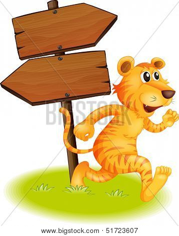 Illustration of a tiger running and the empty signboards on a white background