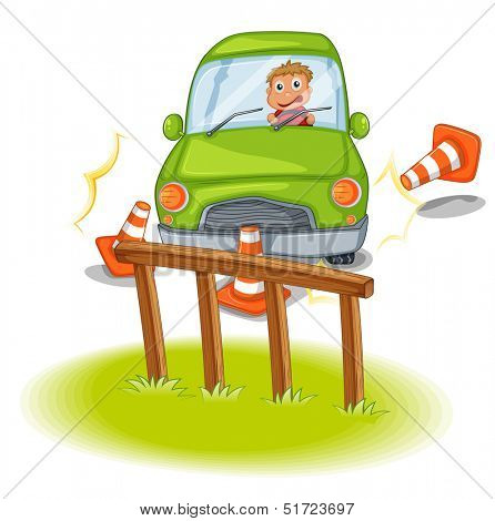 Illustration of a reckless driver bumping the traffic cones on a white background
