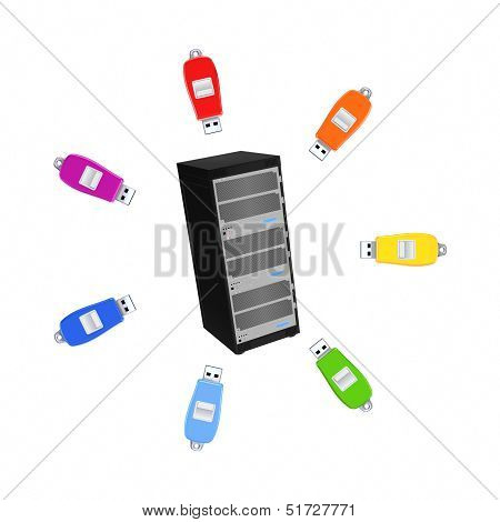 Colorful flashdrives around server.