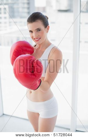 Motivated fit brown haired model in sportswear wearing red boxing gloves in bright fitness studio