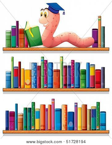 Illustration of an earthworm reading at the top of the bookshelves on a white background