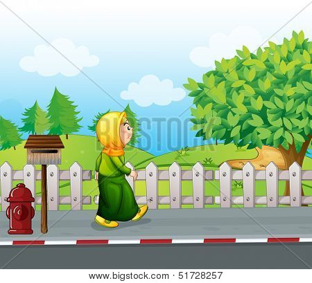 Illustration of an old woman walking at the streetside with a mailbox