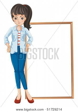 Illustration of a girl standing with a blankboard at the back on a white background 