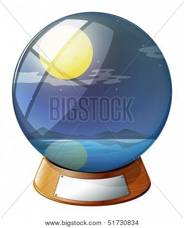Illustration of a crystal ball with a fullmoon inside on a white background