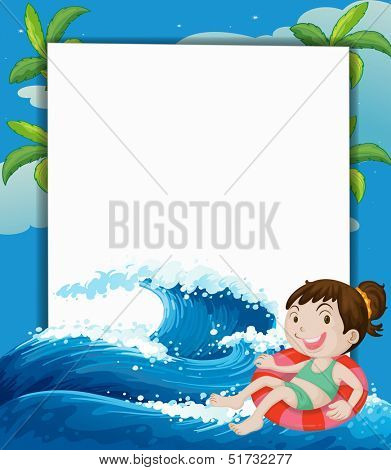 Illustration of a girl with a lifebuoy beside the empty signboard