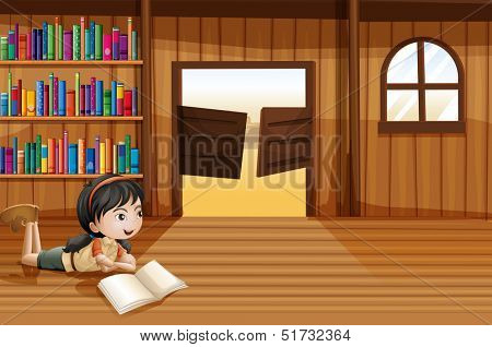 Illustration of a girl reading a book in the library with a swingdoor