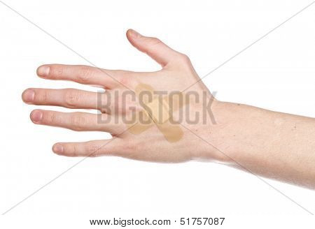 Hand with bandaid isolated on a w hite background