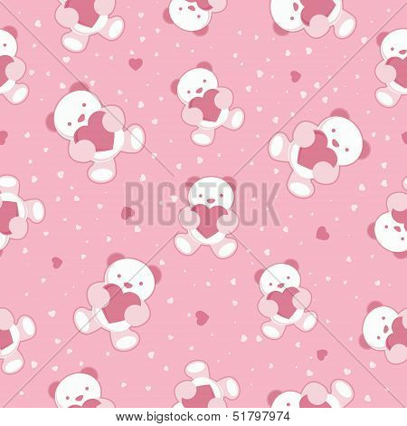 Seamless Pink Baby Background with teddy bear and hearts. Vector illustration.