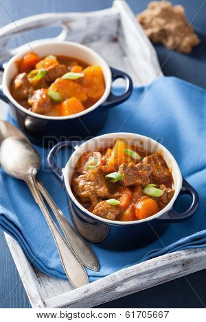 beef stew with potato and carrot in blue pots