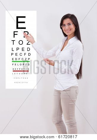 Woman Pointing To An Eye Chart