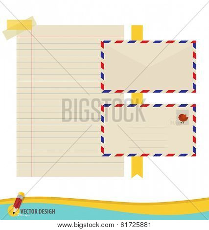 Collection of various papers, ready for your message. Vector illustration set: envelope, stamp, tape, ribbon and blank paper designs.
