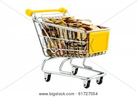 a shopping cart is well stocked with euro coins, symbolic photo for purchasing power and consumption
