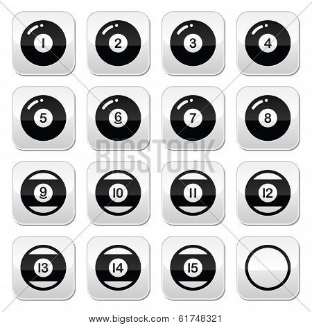 Pool ball, billiard or snooker ball buttons set
