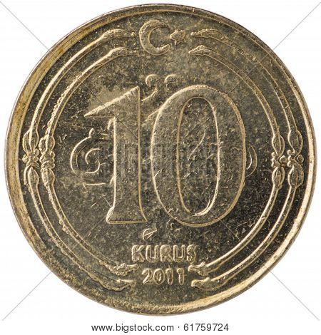 10 Turkish Kurus Coin, 2011, Back