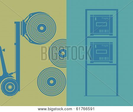 Logistics. Elements. Forklift, Rollers, Shelf And Boxes