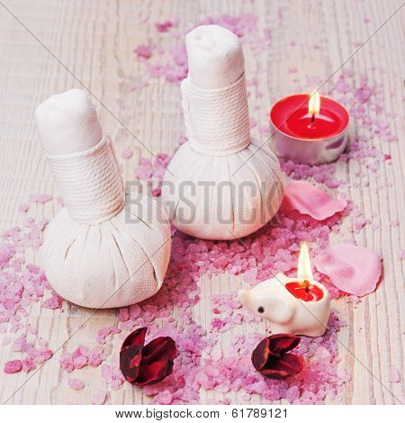 Spa Massage Setting With Thai Herbal Compress Stamps.