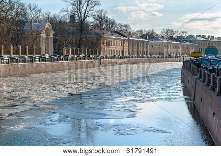 Drifting Ice On The Fontanka River Embankment In St Petersburg