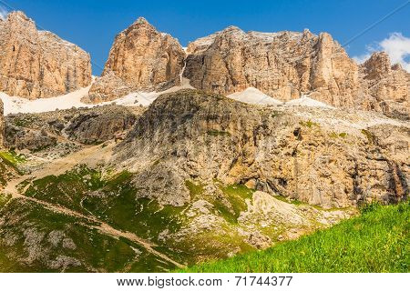 Panorama Of Sella Mountain Range From Sella Pass, Dolomites, Italy
