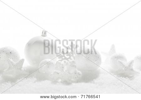 Christmas card with beautiful white decorations in snow