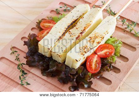 Brazilian Grilled Cheese Snack Queijo Coalho, Tomato On Cutting Board