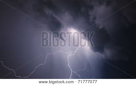 Dark ominous clouds. Thunderstorm with lightning.