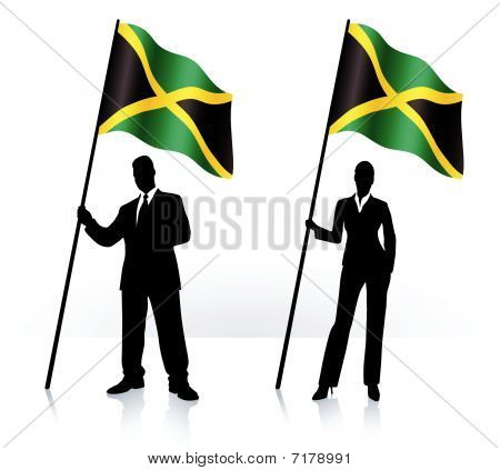 Silhuetas de negócios com acenando a bandeira da Jamaica