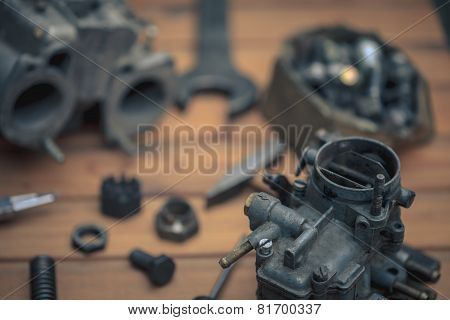 Carburetors for a car engine with tools