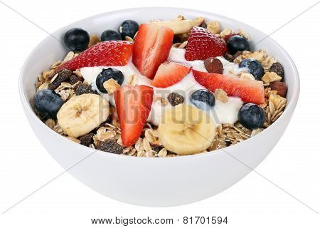 Fruit Muesli For Breakfast In Bowl With Fruits Like Banana And Strawberry Isolated