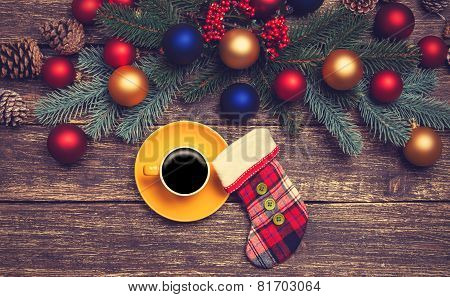 Hot Coffee On A Table Near Pine Branches With Chritmas Balls