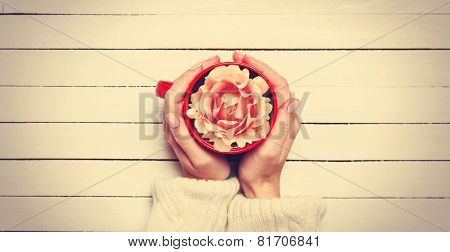 Female Holding Cup With Flower.