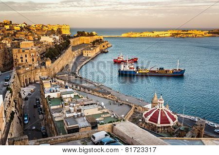 Aerial View On Valletta And Grand Harbour From Barrakka Gerdens, Malta