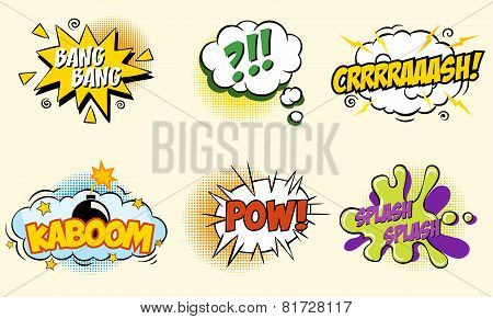 Comic speech bubbles in pop art style with bomb cartoon explosion splach powl snap boom poof text se