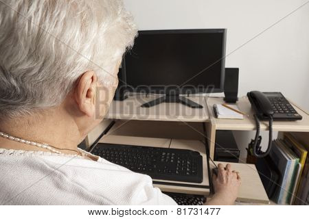 A senior person in front of his computer