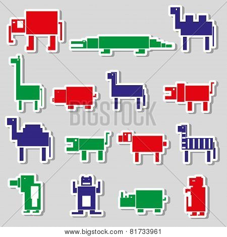 Color Square Digital Simple Retro Animals Stickers Eps10
