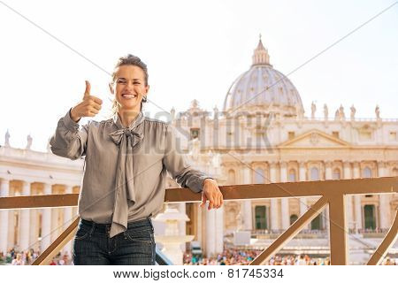 Happy Young Woman Showing Thumbs Up On Piazza San Pietro In Vatican City State