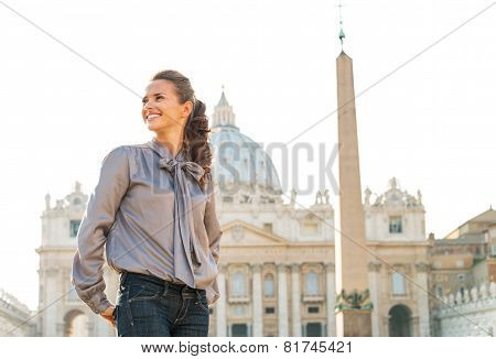 Happy Young Woman Sightseeing On Piazza San Pietro In Vatican Ci