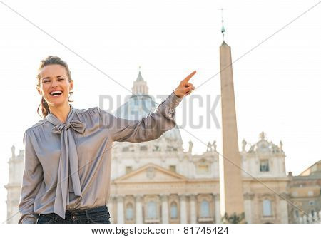 Happy Young Woman On Piazza San Pietro In Vatican City State Poi
