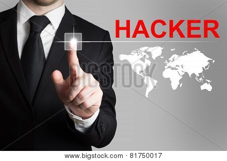 Businessman Pushing Button Hacker Worldmap