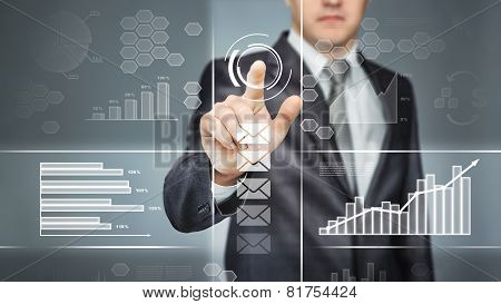 Businessman touch in screen with icons