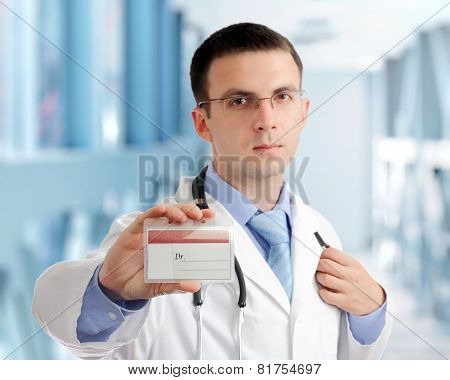 Friendly Medical Doctor With Blank Card (badge).