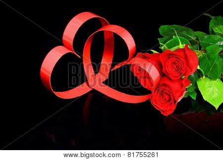 St. Valentine Day. Two Hearts, Red Roses.
