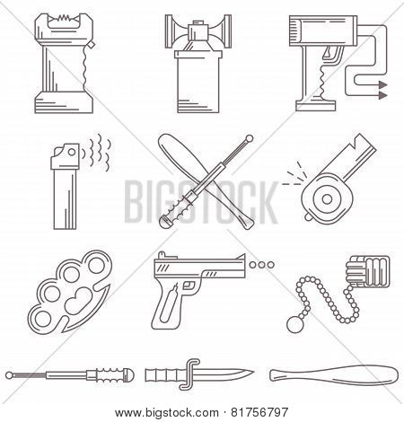 Black line vector icons for self defence