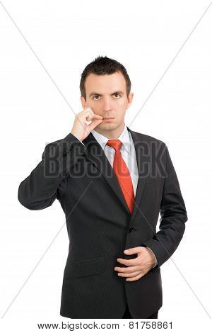 Businessman Show Gesture Close Mouth. Isolated