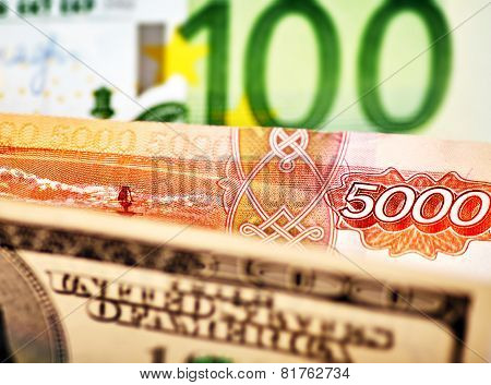 Usd,eur And Russian Rub Baknotes. Selective Focus
