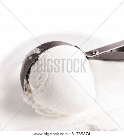 Vanilla Ice Cream Scoop Closeup. White  Ice Cream Background